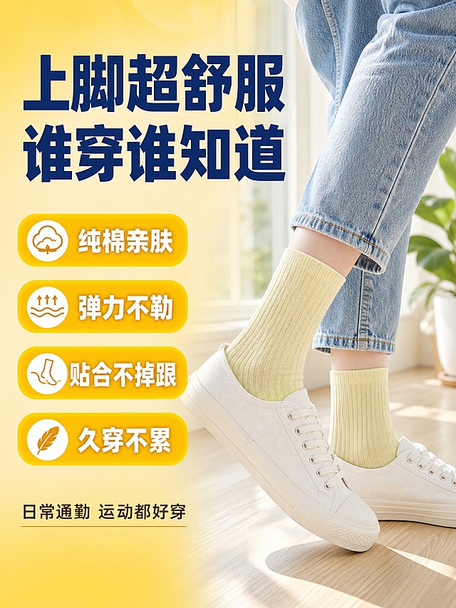 [商品] 使用【图1】花木图女士5A级抗菌消臭纯棉袜；保留浅米黄色竖条纹中筒版型、纯棉材质、颜色纹理；商品处理：袜子穿在脚上自然贴合，增强面料纹理和穿着褶皱的真实感，保持产品外观颜色一致。
[画面] 页面目标为上脚场景展示，呈现日常穿搭效果和舒适体感。左文右图构图，右侧主体为年轻亚洲女性模特小腿和脚部特写，20-30岁，皮肤白皙，穿着浅米黄色竖条纹纯棉中筒袜，搭配白色帆布鞋和浅蓝色牛仔裤裤脚，自然站立姿态，一只脚微微抬起侧面展示，袜子包裹贴合不勒腿。背景为明亮的室内窗边场景，有柔和自然光和绿植点缀。左侧留白放文案和卖点标签。
[视觉] 套系策略：风格=拼多多大字报风格 直白高性价比；标题字=粗黑体 厚重有力；正文字=常规黑体 清晰易读；主色=暖金黄色；背景延展=基于暖金黄做深浅渐变 同色系层次 柔和光晕质感；强调色=深蓝色 仅用于主标题和重点标签；标题色=深蓝色；正文色=深棕色；组件=圆角标签 小图标；光影=柔和自然光 侧前方打光 袜子纯棉纹理清晰 皮肤通透自然。
[文字] 画面左上方大标题"上脚超舒服 谁穿谁知道"，深蓝色粗黑体，字号最大。标题下方四个金黄色圆角标签竖排："纯棉亲肤"、"弹力不勒"、"贴合不掉跟"、"久穿不累"，白字粗体。底部一行小字"日常通勤 运动都好穿"。
[规格] 图片比例3:4竖版，4K，避免变形、错字、文字过小、脚部畸形、手指异常、产品颜色改变、水印、平台Logo。