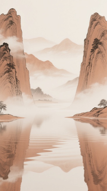 中国传统水墨风格山水背景，以淡赭石色与米白色为主色调，柔和的平光效果，近景处左右两侧对称分布的山峰，山体轮廓以简练的线条勾勒，表面有细密的纹理表现岩石质感，山间云雾以淡墨渲染，呈现出轻盈飘逸的层次感，中景为平静的水面，清晰倒映出山峰与天空的景象，水面波纹以舒缓的曲线表现，远景是连绵起伏、逐渐淡化的山峦，整体画面留白充足，营造出宁静悠远、淡泊空灵的东方意境，构图采用对称式布局，视觉重心平衡，线条……预览效果