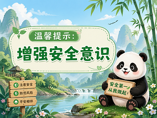 横版温馨提示图，提醒大家增强安全意识，背景为清新秀丽的山水风景，画面中有可爱的熊猫元素，整体风格温馨自然，包含文字内容"温馨提示：增强安全意识"