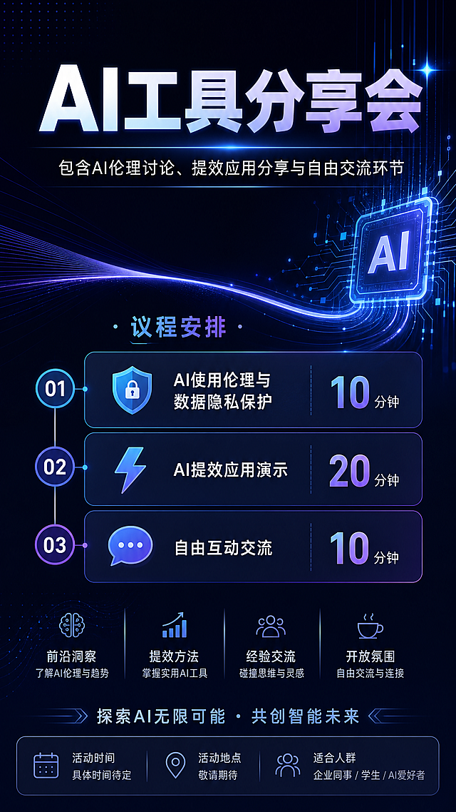 设计一张AI工具分享会的宣传海报，主标题为"[AI工具分享会]"，副标题标注包含AI伦理讨论、提效应用分享与自由交流环节，清晰展示时间安排：AI使用伦理与数据隐私保护10分钟、AI提效应用演示20分钟、自由互动交流10分钟，整体风格简洁科技