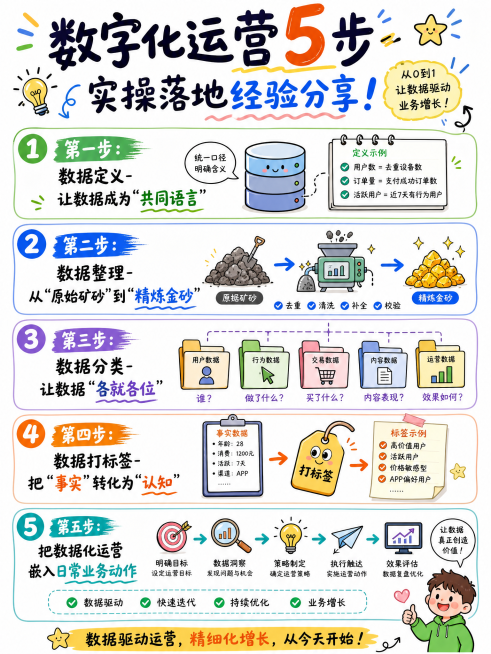 卡通手绘风格竖版信息图，核心主题是：数字化运营5步实操落地经验分享。内容包含标题文字"数字化运营5步实操落地经验分享！"，以及五个要点：1. 第一步：数据定义-让数据成为"共同语言"；2. 第二步：数预览效果