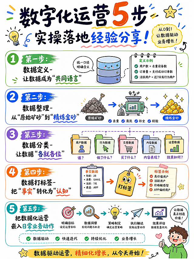 卡通手绘风格竖版信息图，核心主题是：数字化运营5步实操落地经验分享。内容包含标题文字"数字化运营5步实操落地经验分享！"，以及五个要点：1. 第一步：数据定义-让数据成为"共同语言"；2. 第二步：数据整理-从"原始矿砂"到"精炼金砂"；3. 第三步：数据分类-让数据"各就各位"；4. 第四步：数据打标签-把"事实"转化为"认知"；5. 第五步：把数据化运营嵌入日常业务动作。整体为手绘卡通风格，添加少量简洁的卡通数据图标和元素，多留白，突出关键词与核心概念，趣味性强，视觉清晰
