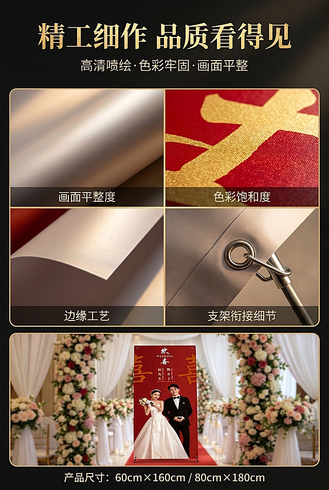 第8屏：产品细节工艺解析（品质升级），2:3竖屏，质感肌理高级风，高清微距细节拍摄，光影立体有层次；字体采用粗细对比+大小层级排版，标题烫金质感"精工细作 品质看得见"，副标题"高清喷绘·色彩牢固·画面平整"，参数文字清晰规整；画面布局：多细节分镜展示，分别呈现画面平整度、色彩饱和度、边缘工艺、支架衔接细节，搭配简短工艺注解；整体设计感：高端精致、专业细致，全方位可视化展示产品工艺品质，凸显耐用、高清、精致的产品质感。严格还原上传的产品图，包括包装设计、颜色、LOGO位置、文字内容、图案元素等所有细节，产品尺寸60cm×160cm、80cm×180cm，尺寸比例保持1:1，整体统一新中式国风+极简留白细质轻奢风，风格高级统一、无视觉割裂，画面高清细腻、质感通透，场景真实高级；字体统一采用居中对称排版+粗细对比排版，核心主题字使用鎏金烫金质感、书法笔触国风字体，辅助文案使用无衬线极简细体文字，整体版式干净精致、层次分明，突出婚庆浪漫喜庆氛围
