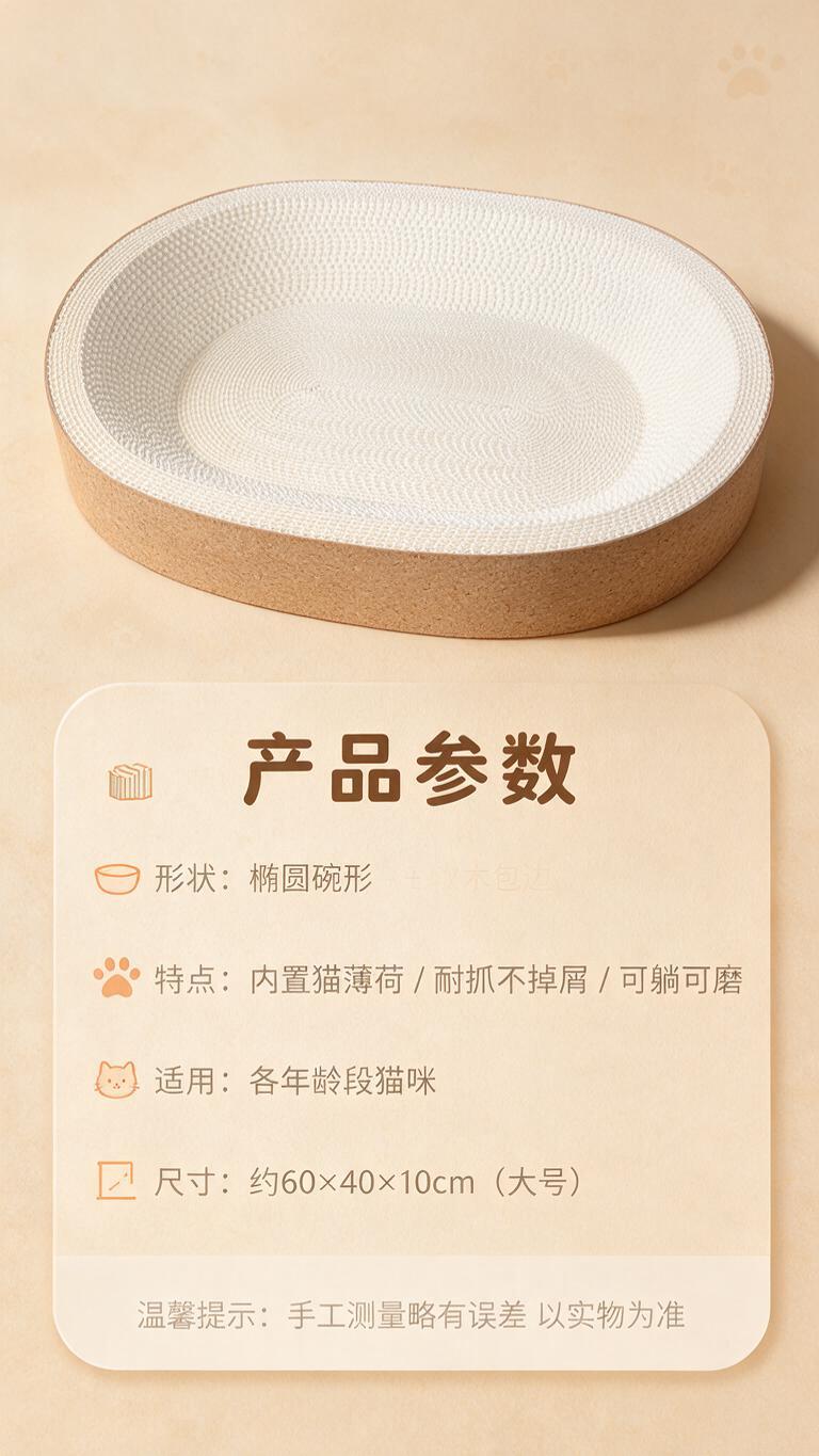 [商品] 使用【图2】椭圆碗形软木猫薄荷白牛卡猫抓板；保留产品… - 图片创意预览
