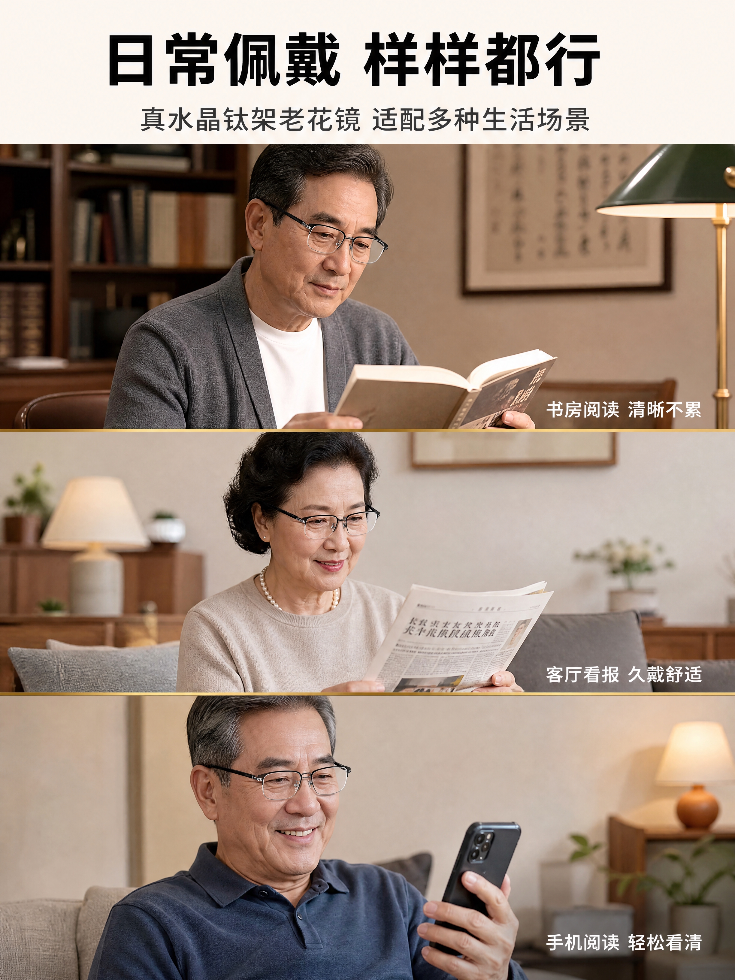 [商品] 使用【图1】真水晶石钛架老花镜；产品佩戴在人物脸上，… - 图片创意预览