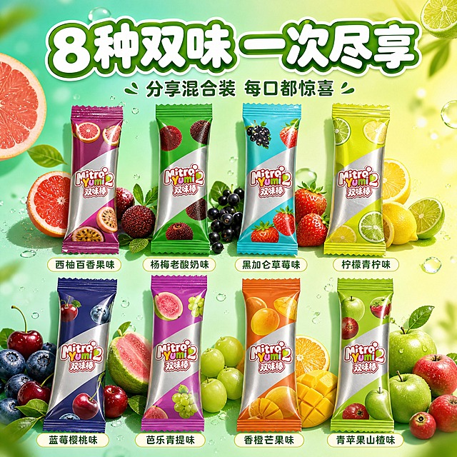 [主图-2] 主题：8种双味 一次尽享。唯一任务：展示多口味卖点，建立丰富口感的信任。
[统一基调] 抖音兴趣电商风格，强视觉冲击、高清实拍质感、果味糖果双重享受主题。整体背景为清新的渐变青绿色到柠檬黄，点缀水果图案和光斑。标题字色为白色加粗圆润字体，带绿色描边；辅助字色为深绿色；强调色为橙红色。字体样式为圆润可爱的卡通粗体，字号层级分明。卡片样式为半透明圆角白底板，带轻微阴影。
[画面] 画面中央整齐排列8种不同口味的双味棒独立小包装，分两排每排4根，包装颜色各异：西柚百香果味（紫红）、杨梅老酸奶味（绿色）、黑加仑草莓味（蓝色）、柠檬青柠味（黄色）、蓝莓樱桃味（深蓝）、芭乐青提味（紫色）、香橙芒果味（橙色）、青苹果山楂味（绿色）。每根包装下方用小字标注对应口味名称。包装周围环绕对应的真实水果：西柚、百香果、杨梅、草莓、蓝莓、樱桃、柠檬、青苹果等，新鲜饱满带水珠。背景为清新的渐变青绿色，有柔和的光斑效果。产品占画面约70%。
[光影质感] 自然柔光从上方照射，每根糖果包装都有清晰的塑料光泽和立体感，水果新鲜水润有通透感，整体画面干净明亮，色彩丰富但不杂乱。
[配色] 主背景青绿渐变到柠檬黄，8种糖果包装保持各自原色，水果鲜艳真实，文字白色带绿边，整体清新活泼。
[文字版式] 画面顶部大标题："8种双味 一次尽享"，下方小字："分享混合装 每口都惊喜"。每种口味下方标注对应口味名称，如"西柚百香果味""杨梅老酸奶味"等。文字均为圆润卡通粗体，放在负空间不遮挡产品。
[输出要求] 比例1:1，文字清晰可读，8种口味区分明确，产品清晰完整。负向：变形、错字、模糊、杂乱、水印、平台Logo、口味名称错误。
