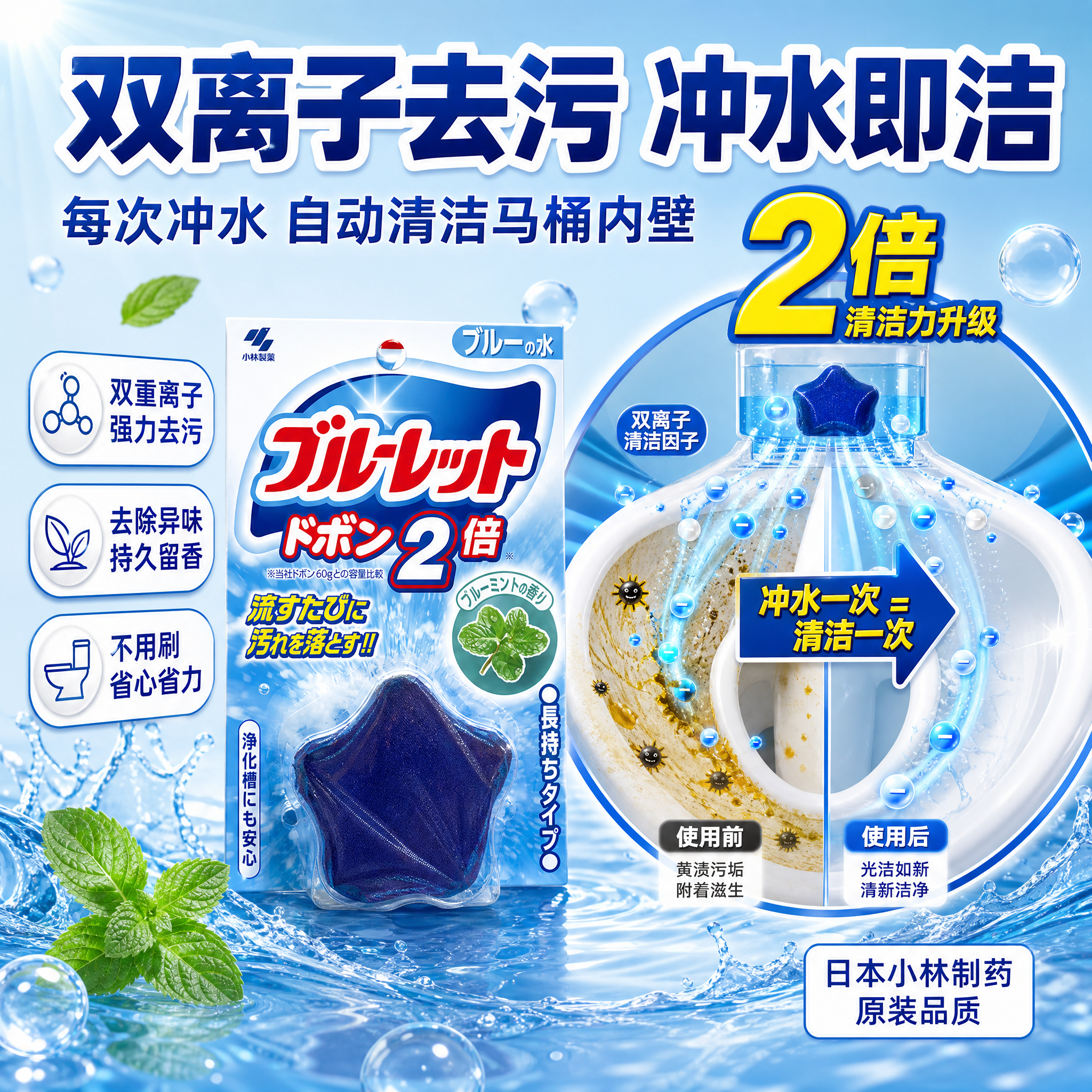 [主图2-核心功效] 小林制药马桶水箱洁厕块（蓝泡泡 2倍容量… - 图片创意预览