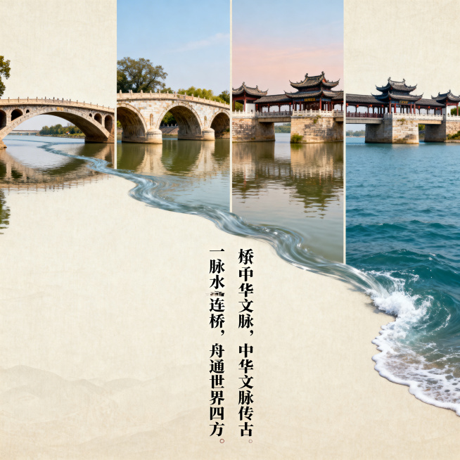 将四张中国四大古桥竖版海报从左到右水平并列拼接成一张完整海报，最左侧第一张赵州桥，依次向右为第二张卢沟桥，第三张广济桥，第四张最右侧洛阳桥，四张海报的流水从最左侧第一张的左上开始，斜向右下依次贯穿四张预览效果