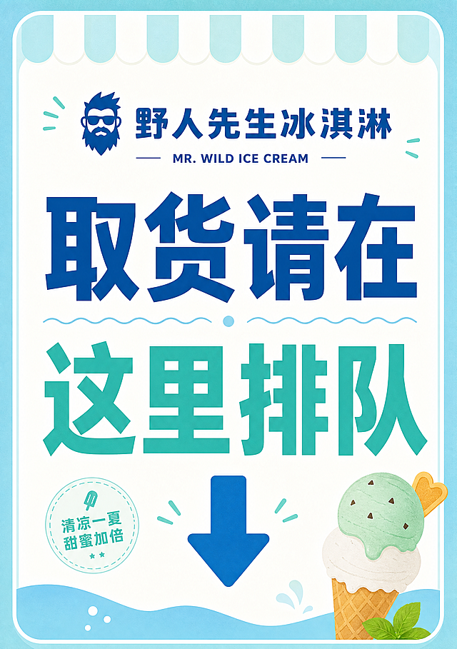 野人先生冰淇淋取货排队提示牌，A4尺寸，设计简约清晰，画面中央放置醒目的文字“取货请在这里排队”，顶部添加“野人先生冰淇淋”品牌标识，配色清爽夏日风格