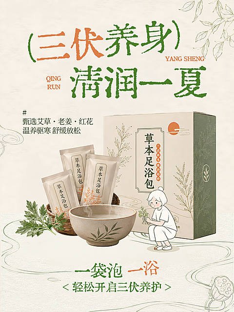 三伏天养生足浴门店草本浴包推广国风浅素手绘风小红书封面