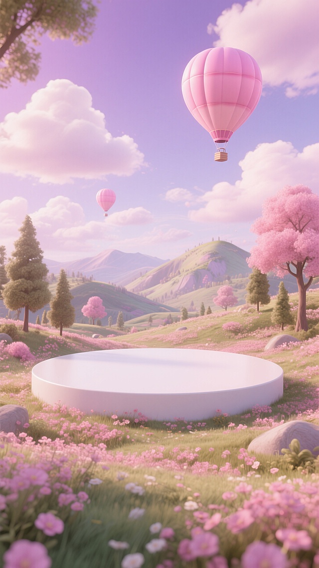 梦幻3D风，粉色热气球飘浮，花海与樱花树环绕，甜美浪漫的虚拟现实场景。
