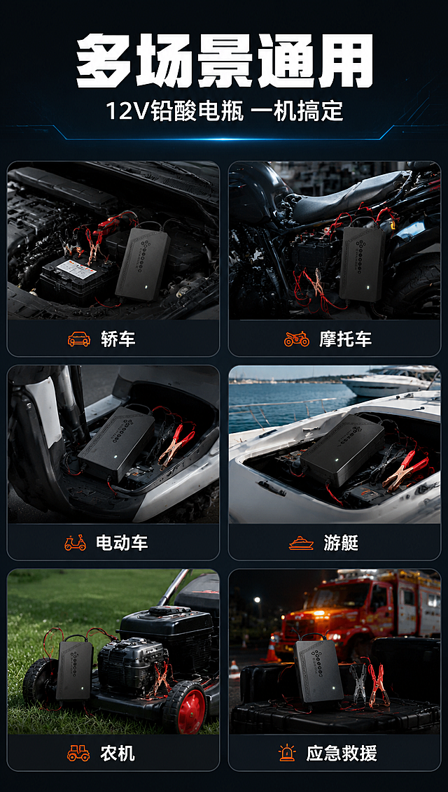 [商品] 使用【图1】12V智能电瓶充电器，保留产品原貌；本页产品在每个场景小图中自然出现。
[画面] 第7张·适用场景与人群，目标：展示多车型多场景适配。功能成果拼图型版式，2行3列共6格场景拼图，每格展示一个使用场景：轿车电瓶充电、摩托车电瓶充电、电动车充电、游艇/船用、 lawn mower/农机、应急救援；每格中充电器自然放置于场景内，产品清晰可辨；背景为深灰蓝统一底色。
[视觉] 套系策略：风格=深色科技工业风商业摄影；标题字=粗黑无衬线黑体；正文字=简洁无衬线中黑体；主色=深炭黑+深蓝灰；背景延展=基于深炭黑做深蓝渐变、网格纹理、电路光效线条层级；强调色=电光蓝+橙红，仅用于小面积图标、引线、LED灯效和标签；标题色=纯白；正文色=浅灰蓝；组件=圆角深色信息卡、细线引线、科技感图标；光影=每格场景独立打光，整体色调统一冷调。
[文字] 顶部主标题「多场景通用」，副标题「12V铅酸电瓶 一机搞定」；每格底部标注场景名称：轿车、摩托车、电动车、游艇、农机、应急救援；文字横排，字号保证手机端可读。
[规格] 淘宝/天猫详情页，单屏比例9:16竖版，4K分辨率，负向提示：避免变形、错字、文字过小、产品颜色改变、场景失真、极限词。