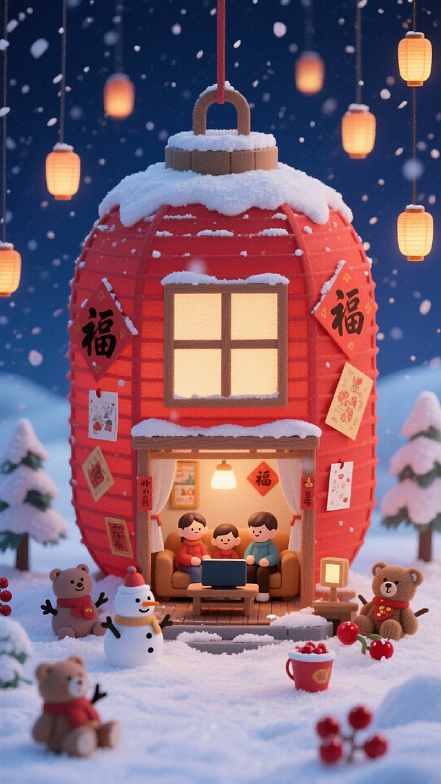 对称构图。主体是巨型红色灯笼立体场景，其内部有一家三口坐在沙发前看电视，雪地上没有人物。灯笼表面覆薄雪，开方形窗，整个灯笼的纸面透出暖光。灯笼外壁贴 “福” 字、贺卡等装饰。场景置于雪地中，周围点缀雪人、小熊玩偶、带红果的小桶。背景悬多盏暖光灯笼，夜空呈深蓝色并飘细雪。