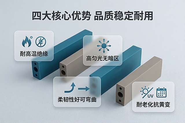 [垫图]https://gdesign-dam-hz.dancf.com/35859737479325755/bb8e8b0729c2482aa8664dba3b522f0b.jpg
[主图主题] 方形多孔硅胶LED灯罩特性优势
[氛围/风格] 简约工业风，冷调漫射光影，专业质感，和首图风格统一
[画面元素] 四根蓝灰双色方形多孔硅胶灯罩阶梯排列展示，四个半透圆角分块标注四大优势：耐高温绝缘、高匀光无暗区、柔韧性好可弯曲、耐老化抗黄变，每个特性搭配对应小图标，产品形态与原图一致，背景为浅灰色磨砂纹理，背景铺满全屏无边框
[配色色系] 主色调：蓝灰双色硅胶、浅灰背景；辅助色：冷蓝色图标点缀
[视角构图] 阶梯排列布局，产品占画面50%
[文字版式] 顶部主标题「四大核心优势 品质稳定耐用」，每个分块标注对应特性名称，字体为粗黑体，深灰配色，文字不遮挡产品，留有安全边距