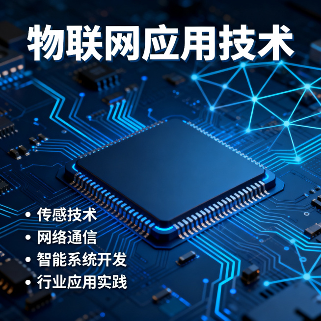 物联网应用技术专业内容介绍海报，科技现代风格，深蓝色科技背景，带有芯片电路板和网络连接线条元素，海报上方有醒目标题"物联网应用技术"，下方分点介绍专业核心内容：传感技术、网络通信、智能系统开发、行业应预览效果
