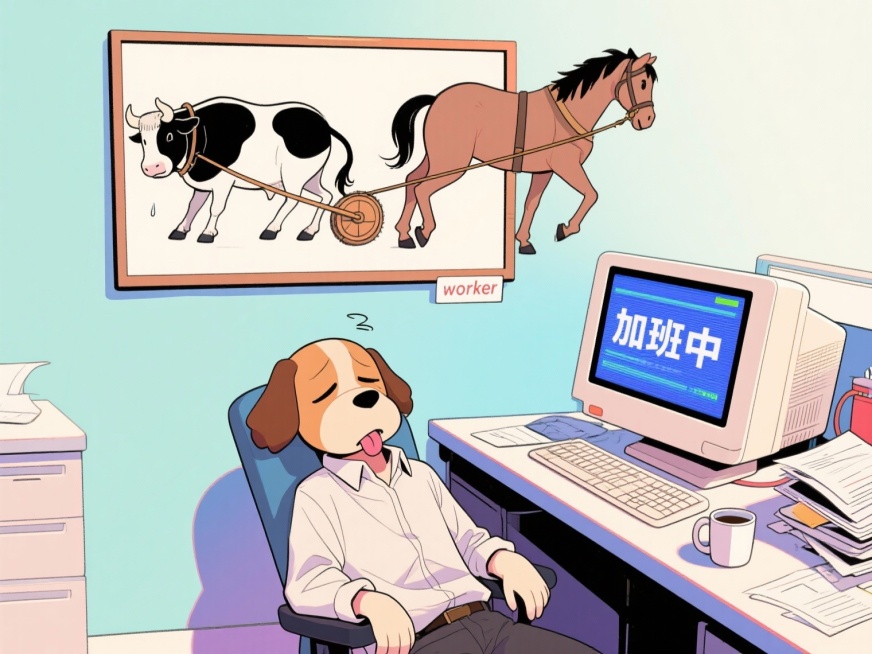 画面中工位挂画里牛马套缰拉磨，画下贴着“worker”标签，画前空椅搭皱衬衫，电脑显“加班中”，人物的身体换成狗的身体。整体为粗线条高饱和色彩的漫画风格，尺寸760x570像素。预览效果