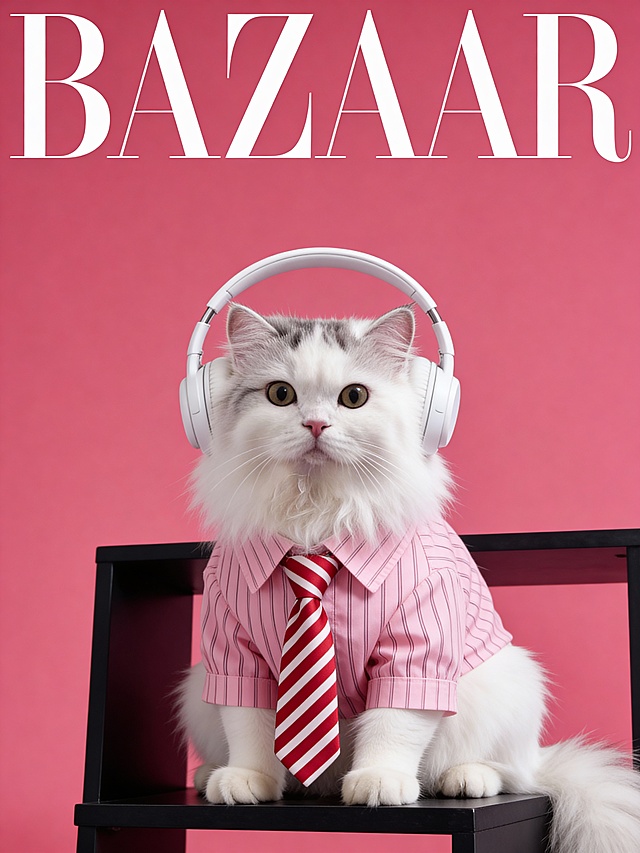 图示宠物身着粉色条纹衬衫搭配红白条纹领带，佩戴白色头戴式耳机，神态呆萌又透着精致感；背景为柔和的玫红色纯色底，简洁干净的色调突出宠物主体；画面顶部醒目呈现 “BAZAAR” 标志性艺术字样，还原时尚刊版式；整体采用高饱和柔粉色调，居中构图聚焦宠物，使其紧凑占据画面核心区域。