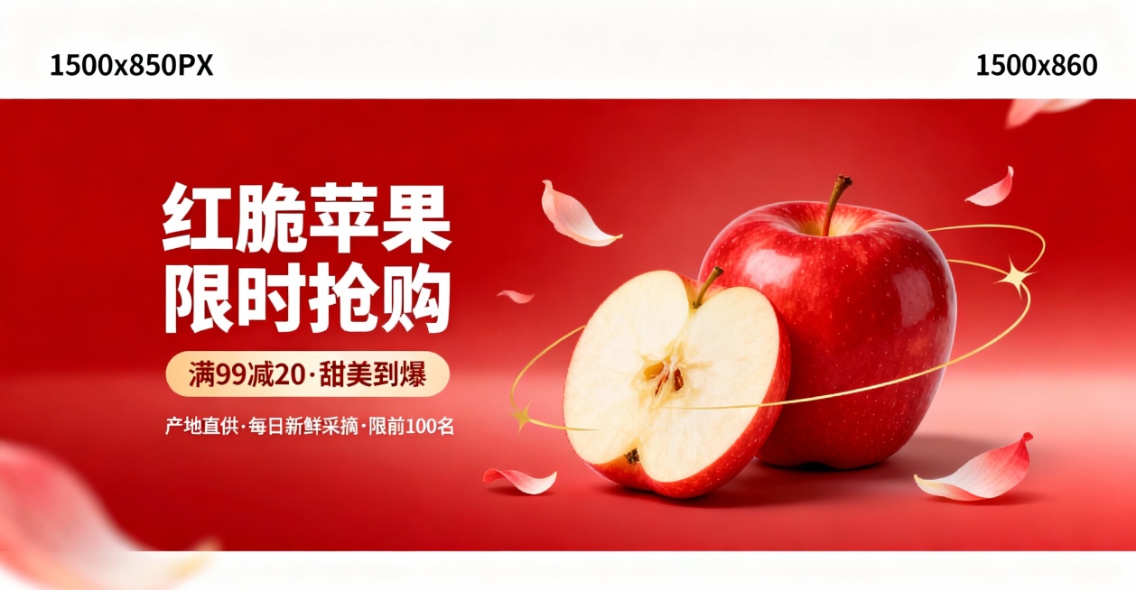 方案一：红色系苹果海报：以红色为背景，突出苹果主体，大字标题搭配切开的苹果展示，强调新鲜甜美，适用水果促销场景。预览效果