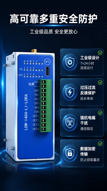 [第6屏] 安全可靠特性展示，工业级多重保护功能介绍，黑灰炫酷工业风。本屏使用【图1】产品展示。
[氛围/风格] 专业安全科技风，深蓝黑渐变背景，玻璃质感卡片，蓝色发光点缀
[元素布局] 顶部大标题，预览效果