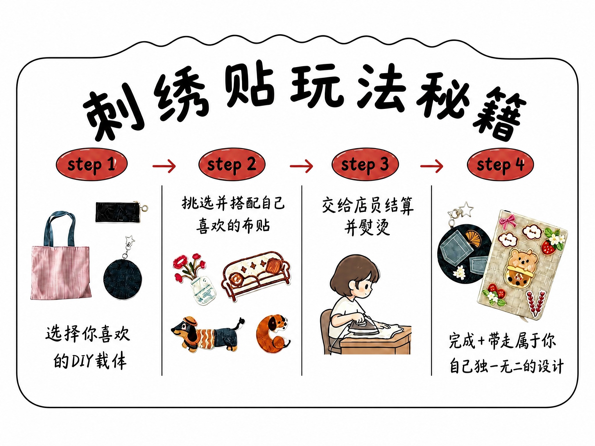 刺绣贴玩法秘籍展示牌，40cm宽×30cm高，横版4:3比例。… - 图片创意预览