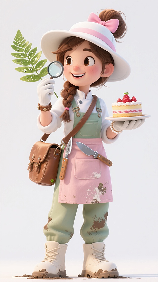 3D卡通风格，一位年轻植物学家，戴着白色宽檐遮阳帽，棕色长发扎成麻花辫垂在胸前，面带温柔笑容，左手托着一株带露珠的绿色蕨类植物，右手拿着放大镜凑近观察叶片纹理，穿着浅绿色工装背带裤搭配白色棉麻衬衫，裤脚沾着泥土，肩上挎着棕色皮质标本采集包，脚穿米色防滑登山靴，腰间挂着多功能工具刀和植物图鉴，手腕戴着棕色皮质手链，整体色彩清新自然，阳光透过树叶在她身上形成斑驳光影，立体感强，细节丰富，人物姿态专注而生动，白色背景突出主体。

3D卡通风格，一位年轻糕点师，戴着粉色蝴蝶结发箍，棕色长发盘成丸子头，几缕碎发垂在脸颊，面带甜蜜笑容，双手戴着白色烘焙手套捧着刚出炉的草莓蛋糕，穿着白色厨师服外搭粉色围裙，围裙上沾着面粉痕迹，胸前口袋插着银色蛋糕铲，脚穿白色防滑厨师鞋，手腕戴着珍珠手链，指甲涂成淡粉色，整体色彩甜美柔和，柔和的暖黄色灯光照亮她和蛋糕，立体感强，细节丰富，人物姿态优雅而充满活力，白色背景突出主体。

3D卡通风格，一位年轻宇航员，戴着白色宇航头盔，面罩反射着星光，棕色长发在头盔内束成马尾，面带坚定笑容，左手扶着胸前的控制板，右手伸出做出“OK”手势，穿着银白色宇航服，宇航服上有蓝色条纹和红色徽章，腰间系着工具带，背后背着推进器，脚穿厚重的宇航靴，手腕戴着多功能手环，整体色彩科技感十足，冷色调光影突出宇航服的金属质感，立体感强，细节丰富，人物姿态自信而挺拔，白色背景突出主体。