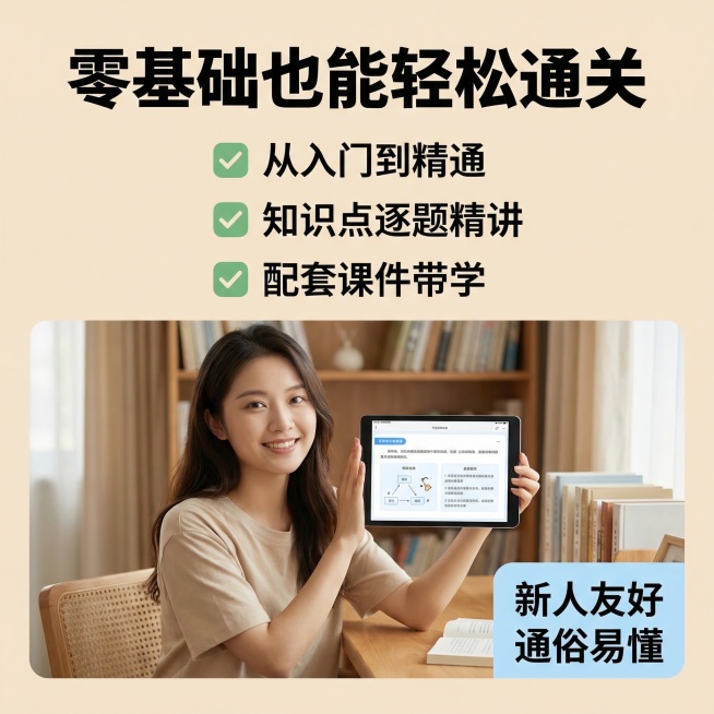 [主图主题] 零基础通关优势主图
[氛围/风格] 友好亲切，新手友好，清晰易懂
[画面元素] 背景是年轻女生坐在书桌前开心翻看电子版资料的场景，女生微笑展示资料里清晰的知识点讲解，整体氛围轻松，传递零预览效果