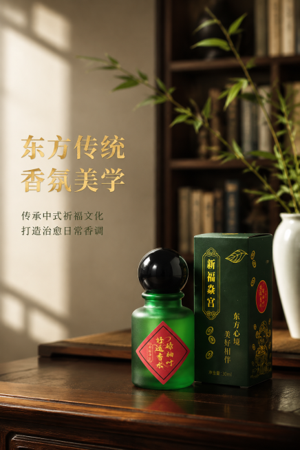 [第2屏] 香港福焱宫碌柚叶好运香水品牌理念篇。本屏使用【图2】作为商品主体参考，严格还原产品外观细节，产品尺寸比例保持1:1。
[氛围/风格] 新中式禅意风格，高清氛围感摄影，传递宁静悠远的东方品牌预览效果