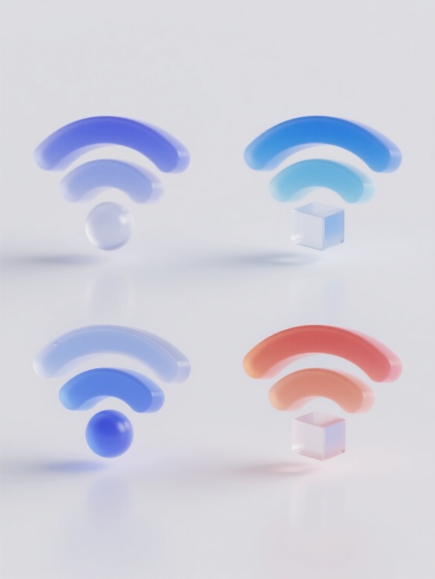 4个不同配色、不同样式的wifi图标，保持3D立体风格，透明渐变材质，柔和光影效果，每个图标包含弧形信号、悬浮球体和小立方体元素，白色背景，图标排列整齐，间距均匀，整体呈现科技感和现代设计感预览效果