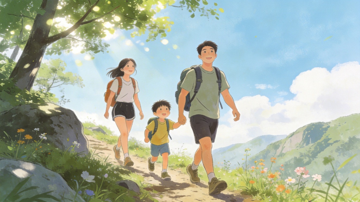 一家人在郊外进行登山徒步的户外运动场景，手绘插画风，画面轻松活力，不包含任何文字，风格清新自然预览效果