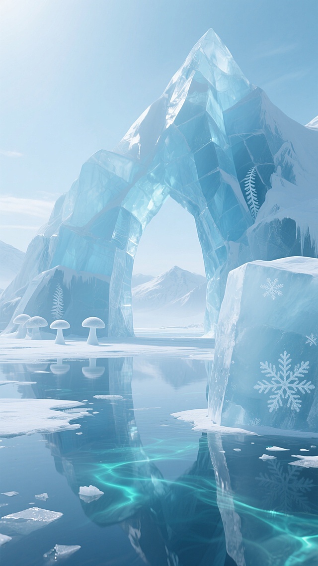 超写实3D渲染风格的冰雪奇幻场景，以纯净的淡蓝色和冰白色为主色调，柔和的天光从画面上方洒落，在巨大的、棱角分明的透明冰雕山峰表面形成明亮的高光和细腻的阴影层次，冰体内部可见清晰的纹理结构。前景左侧有一块部分浸入水中的厚实冰块，其侧面点缀着几片精致的雪花图案。中景是广阔的冰面，部分区域融化形成平静的水面，倒映着冰峰的轮廓，水面上漂浮着零星的碎冰。背景中央矗立着一座巨大的冰拱门，拱门后方是朦胧的雪山远景，整个场景弥漫着清冷、宁静而神秘的氛围。冰面上新增了几座小型冰蘑菇状 formations，冰拱门内侧壁上浮现出隐约可见的冰晶蕨类花纹，水面倒影中融入了极淡的极光蓝绿色波纹效果。