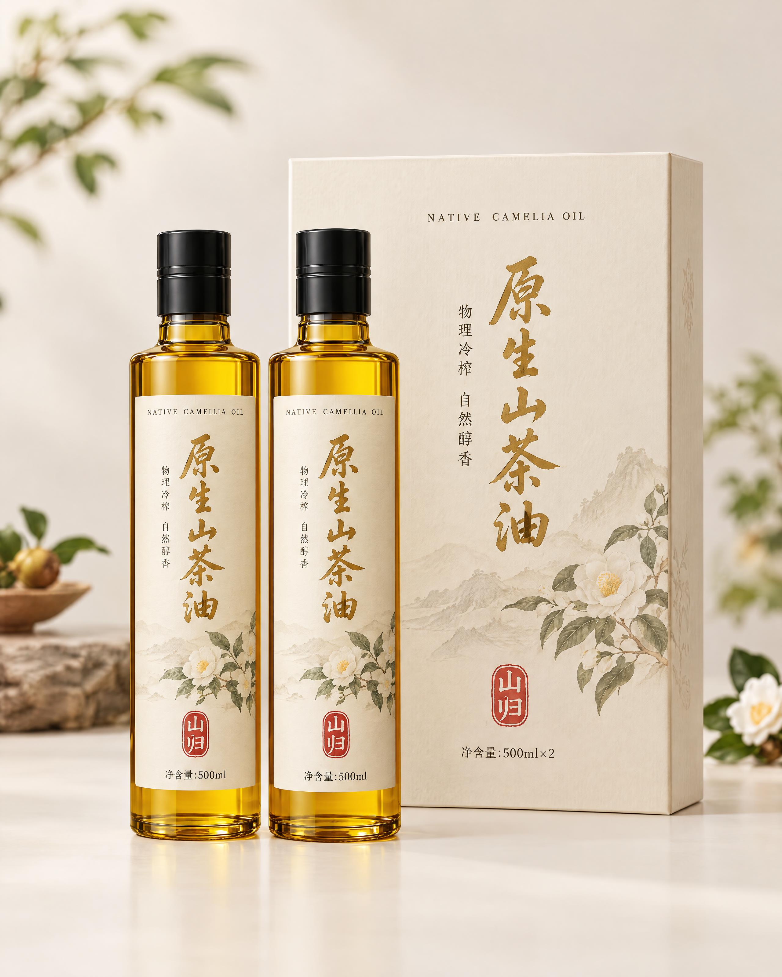 山茶油商业摄影图，套装礼盒展示形态。画面中央并置摆放两只琥珀色… - 图片创意预览