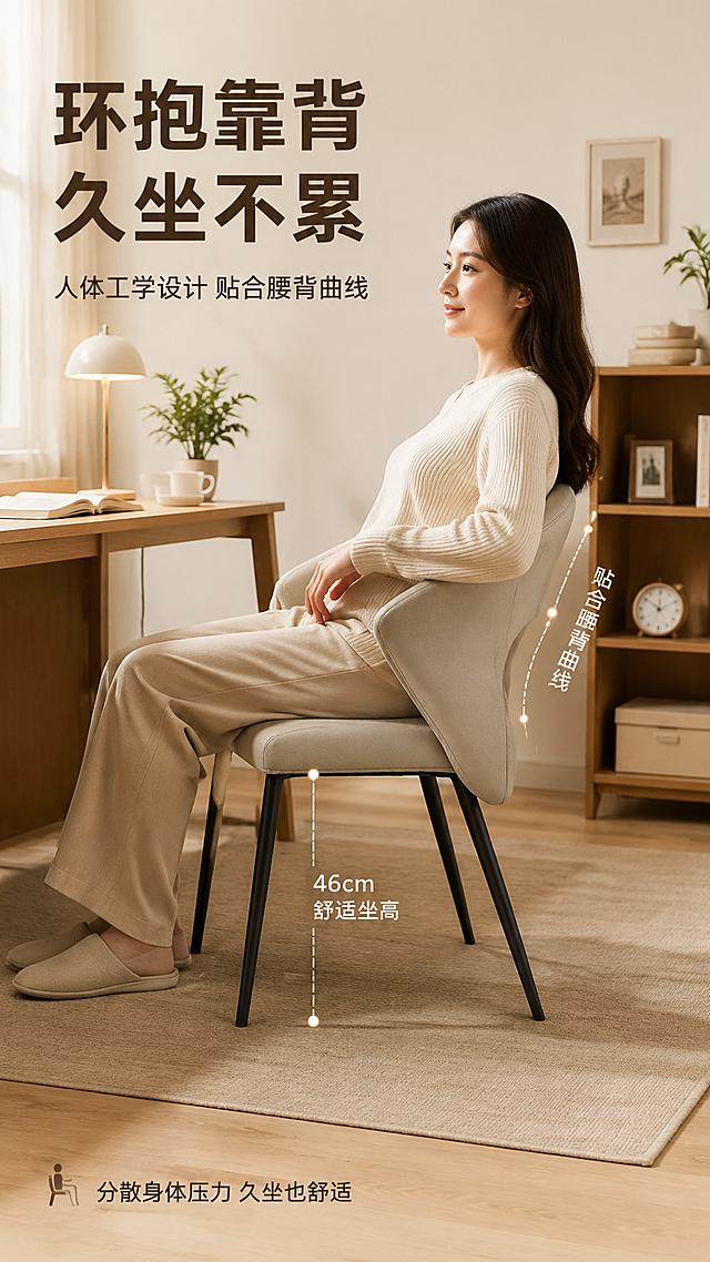 [第5张] 详情页人体工学体验页-靠背坐感舒适度体验。本张使用【图1】米灰色款餐椅，搭配一位年轻女性模特。
[氛围/风格] 温馨生活方式风，自然舒适，居家场景，商业人像摄影质感。
[元素布局] 画面中央偏右为米灰色餐椅，一位年轻亚洲女性侧身坐在椅子上，背部轻靠椅背，手搭在扶手上，姿态放松自然，展示坐感舒适度，产品+人物占比约60%；背景是温馨的书房或餐厅角落，有书桌、台灯、绿植等；靠背上叠加人体工学曲线标注；产品结构、颜色与输入图米灰色款完全一致。
[光影质感] 左侧暖调自然光，柔和漫射，人物和椅子都有自然阴影，整体温暖舒适。
[配色色系] 全局底色 #F8F4EE 暖米色；主色米灰椅身；辅助色暖木色、白色、深棕文字。
[视角构图] 侧面45°视角，平视角度，阅读动线左上方标题 → 中部人物+椅子 → 右侧曲线标注。
[文字版式] 左上主标题「环抱靠背 久坐不累」，深棕色大字号黑体；副标题「人体工学设计 贴合腰背曲线」，中号字；靠背处有弧形虚线标注「贴合腰背曲线」，坐面处标注「46cm舒适坐高」；底部小字说明「分散身体压力 久坐也舒适」；文字不遮挡人物脸部和椅身主体。
[比例分辨率] 9:16 竖版比例，4K分辨率，文字清晰可辨，高清画质。
[负向提示词] 人物变形，脸部失真，椅子变形，结构错误，颜色偏差，水印，文字错乱，文字过小。