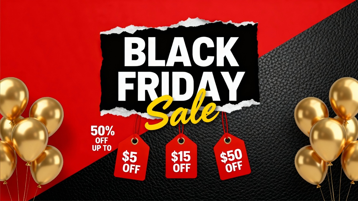 黑色星期五黑五红黑配色的Black Friday促销海报，具有撕纸效果的“BLACK FRIDAY”大标题，黄色手写体“Sale”字样，红色吊牌上的“50% OFF UP TO”，下方三个不同金额的折扣标签（$5 OFF、$15 OFF、$50 OFF），金色气球装饰，背景为带有细微皮革纹理的纯红色与纯黑色渐变拼接，整体保持强烈的视觉对比和促销氛围，设计风格现代、醒目，符合节日促销的视觉冲击力要求。预览效果