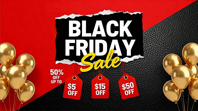 红黑配色的Black Friday促销海报，具有撕纸效果的“BLACK FRIDAY”大标题，黄色手写体“Sale”字样，红色吊牌上的“50% OFF UP TO”，下方三个不同金额的折扣标签（$5 OFF、$15 OFF、$50 OFF），金色气球装饰，背景为带有细微皮革纹理的纯红色与纯黑色渐变拼接，整体保持强烈的视觉对比和促销氛围，设计风格现代、醒目，符合节日促销的视觉冲击力要求。
