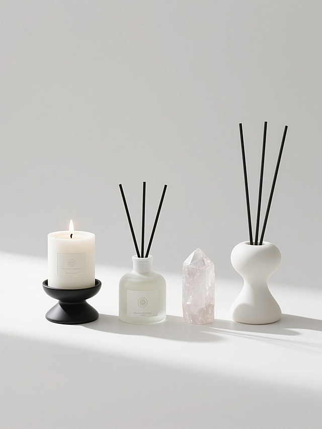 简约现代风格的香薰产品组合，四个不同造型的香薰摆件规整排布，包含点燃的白色香薰蜡烛（带黑色底座）、香薰瓶、香薰晶石等不同香薰形态，整体造型简约流畅，采用纯色背景，无任何文字、logo和水印，光线柔和，阴影自然，突出香薰产品的质感与现代设计感，画面干净整洁，构图平衡对称。