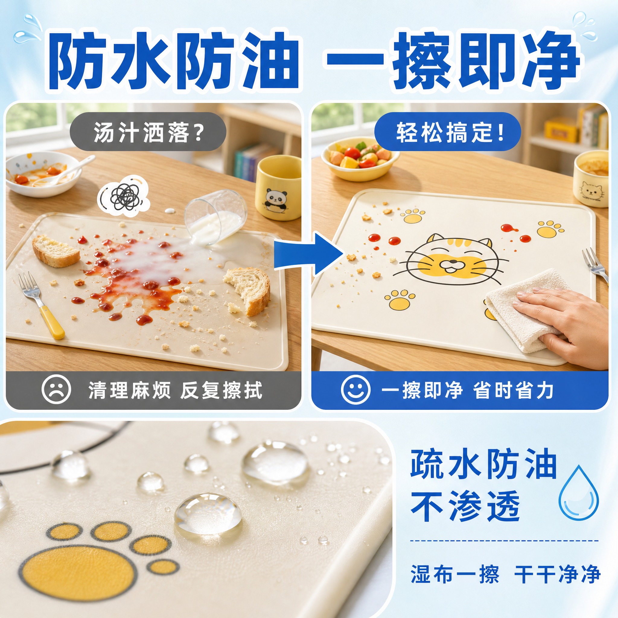 [主图-2] 核心卖点功能图，展示餐垫防水防油一擦即净的核心功… - 图片创意预览