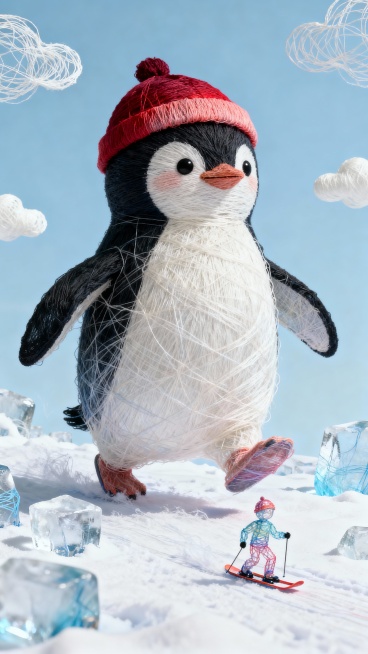 一只巨企鹅，走在冰块上，带着一顶红色帽子，地面上有小人在雪地上滑雪，蓝天背景，动感，画面具有故事感预览效果