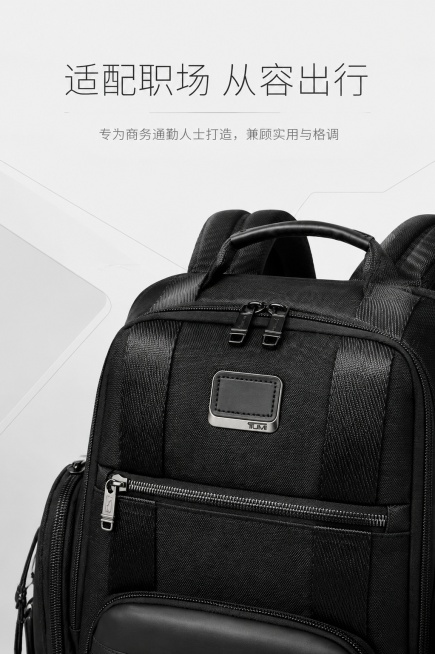 [第2屏] 设计理念页-黑色商务双肩电脑背包设计定位。本屏使用【图1】作为商品主体。
[标题版式] 居中细体大标题，下方浅灰色细线装饰，左右留白均衡，简约商务风格。
[氛围/风格] 极简设计感，浅灰低预览效果