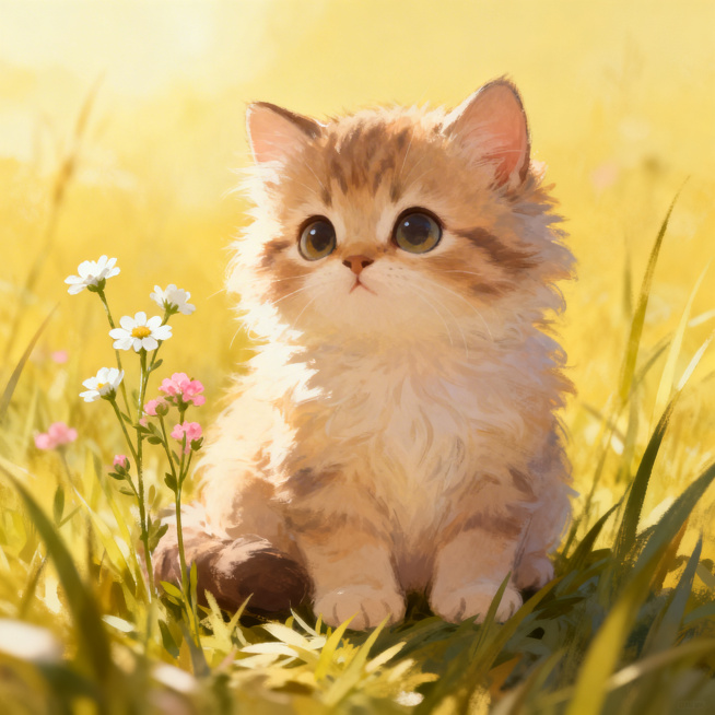 生成一只可爱的小猫，绒毛蓬松，圆溜溜的大眼睛，坐在柔软的草地上，旁边开着几朵小野花，阳光柔和，画面温馨治愈预览效果