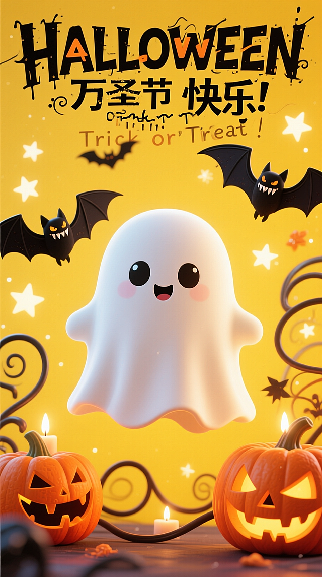 主体是可爱的幽灵形象；围绕幽灵装饰蝙蝠、星星、曲线、南瓜灯万圣节装饰。黄色背景。主标题“HALLOWEEN”“万圣节 快乐！”，副标题“Trick or Treat"
