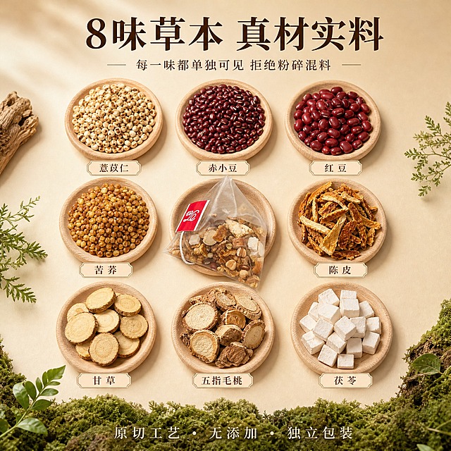 [主图-配料单独展示] 主题为8味草本配料单独精致展示，每一味都清晰呈现，突出真材实料、原切大片的品质感。
[统一基调] 整体风格为高级自然静物摄影风，暖棕大地色调，米杏色渐变背景，自然柔光从左上方照射，柔和阴影，苔藓、原木、草本植物作为场景点缀元素，质感高级细腻，商业摄影级画质。字体使用干净利落的现代宋体，主标题深棕色，辅助文案浅棕色，强调色用赭石色，图标为简约线性草本图标风格。
[画面] 画面采用九宫格布局，8个浅色原木小碟子+1个中心茶包，整齐排列在米杏色背景上。每个小碟子里单独盛放一味草本配料，分别是：薏苡仁（炒过的金黄颗粒）、赤小豆（暗红饱满颗粒）、红豆（红亮饱满）、苦荞（金黄小粒）、陈皮（橙黄色切丝）、甘草（淡黄圆片）、五指毛桃（棕黄色圆片带纹理）、茯苓（洁白方块）。正中间碟子上放一个透明三角茶包（保持原图外观，红色标签清晰），茶包微微打开露出里面的混合配料。每个碟子下方有小小的名称标签。画面底部铺一条绿色苔藓带，点缀几片新鲜草本叶。
[光影质感] 自然柔光顶侧光，主光左上方45度，柔和漫射均匀，每味配料的纹理、颜色、形状都清晰锐利，颗粒饱满有质感，木碟有真实木纹，阴影柔和统一，整体影调温暖干净高级。
[配色] 米杏色主背景，浅原木色碟子，配料呈现米白、金黄、红褐、深棕、橙黄等丰富自然大地色系，底部绿色苔藓点缀，整体暖调和谐有层次。
[文字版式] 画面顶部主标题大字：「8味草本 真材实料」，副标题小字：「每一味都单独可见 拒绝粉碎混料」。每个配料碟子下方有小字名称标注。画面底部一行品质承诺：「原切工艺 · 无添加 · 独立包装」。文字清晰，不遮挡配料主体。
[输出要求] 1:1正方形，2K分辨率，文字清晰锐利，每味配料真实自然纹理清晰，茶包外观与原图一致，画面干净高级有品质感，无水印，无平台Logo，无变形，无错字。