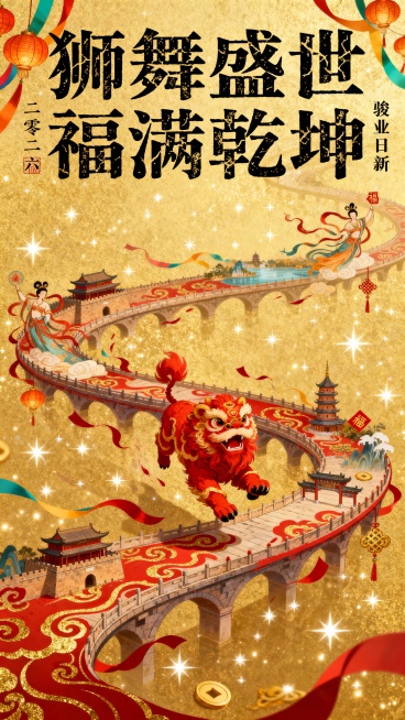 国潮插画风格，一道赤色流云纹路的长桥（缀有鎏金纹饰、飞舞朱砂）呈螺旋形横向展开；桥身沿途串联西安城墙、敦煌飞天、杭州西湖等华夏经典佳节景致，映衬着宫灯、彩绸、福字、如意等，有一头赤色雄狮在长桥正中向上预览效果