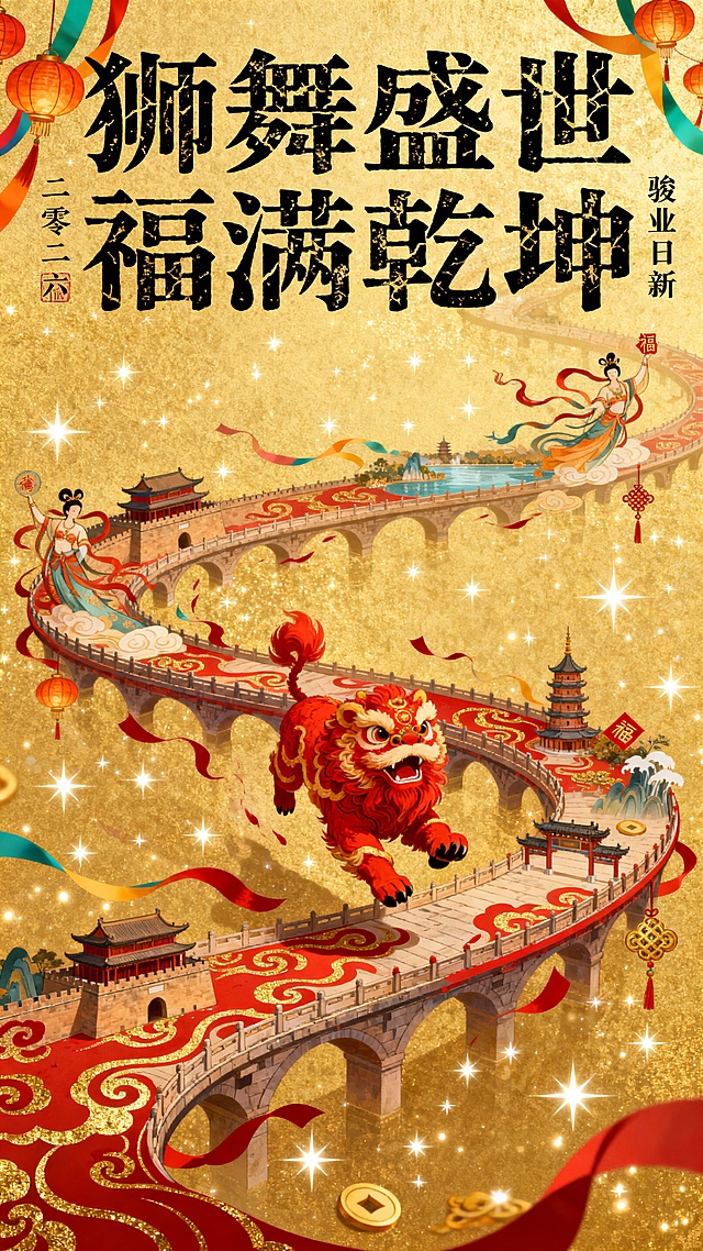 国潮插画风格，一道赤色流云纹路的长桥（缀有鎏金纹饰、飞舞朱砂）呈螺旋形横向展开；桥身沿途串联西安城墙、敦煌飞天、杭州西湖等华夏经典佳节景致，映衬着宫灯、彩绸、福字、如意等，有一头赤色雄狮在长桥正中向上方跃起。金色底纹，有闪烁的星雨，上方铺展“狮舞盛世 福满乾坤”两行篆刻风格标题，字形古朴浑厚并延伸出遒劲的金石裂痕，传统雕版质感，富有文化韵律。侧边题注“二零二六 骏业日新”。