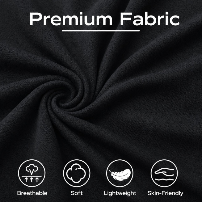 移除图右下角的成品裤子，保留Premium Fabric标题文字、四个特点图标和文案，将整个背景填充为黑色质感卷纹面料，保持原来的纹理风格、排版和1:1比例不变，整体色调和风格保持一致。预览效果