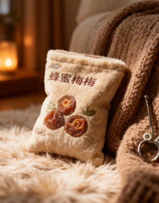 将图示商品变成摇粒绒质感，袋身有精致刺绣文字与图案，还原商品颜色细节。冬日居家场景预览效果