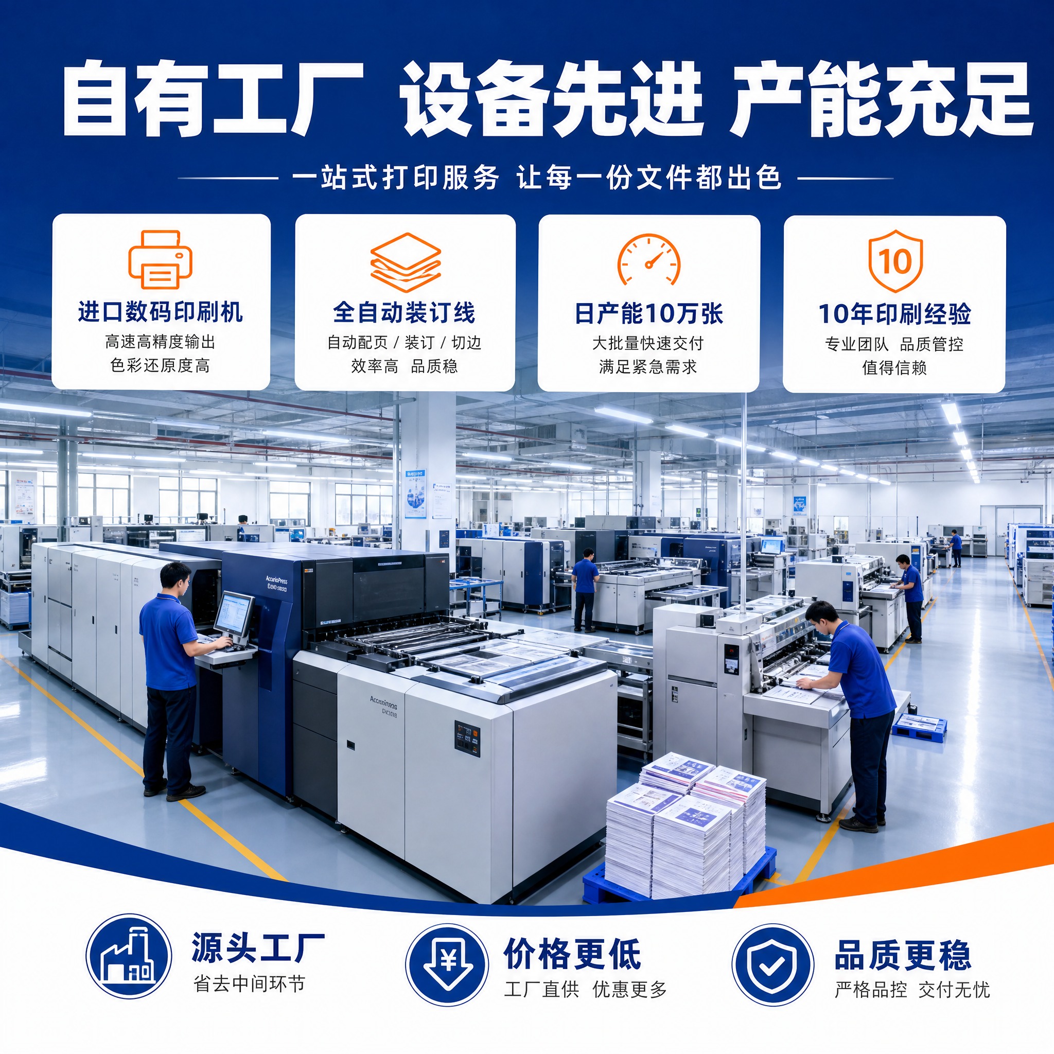 基于参考图的蓝橙配色和打印服务风格，生成一张工厂实力展示主图。… - 图片创意预览