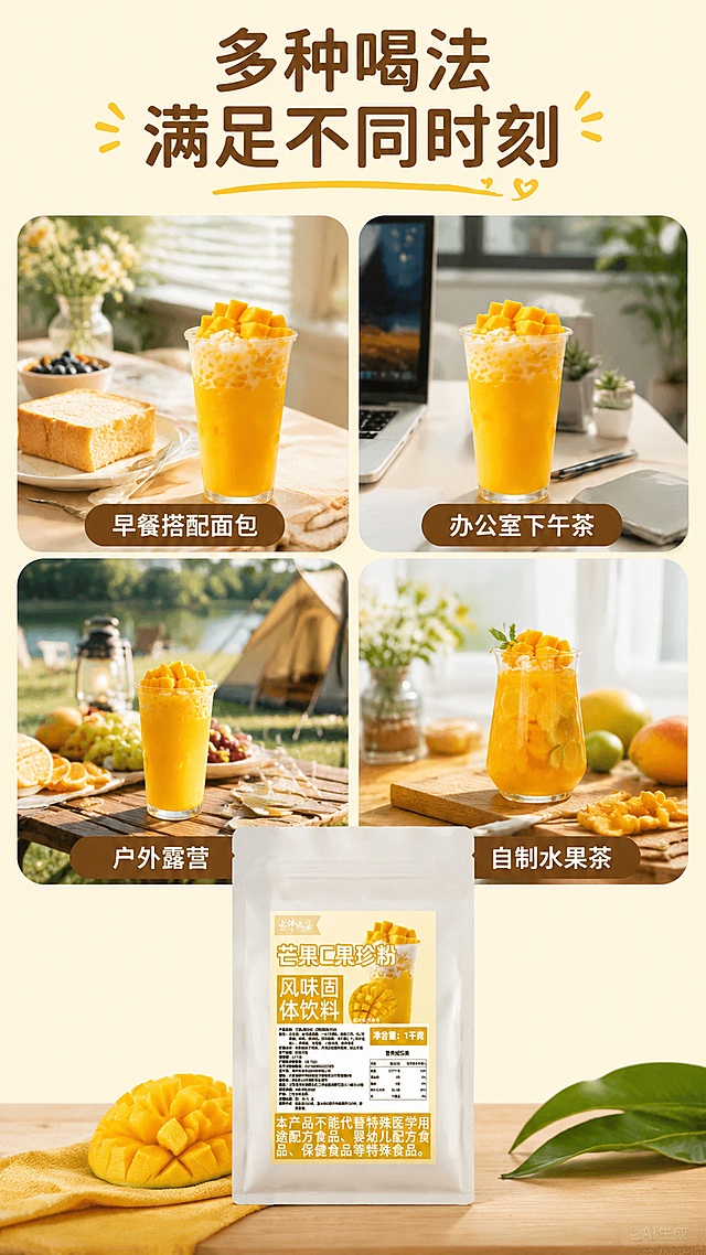 「图片1」，生成详情页，商品名称芒果c果珍粉，适配淘宝/天猫平台，单图比例为9:16，需求制作8张。