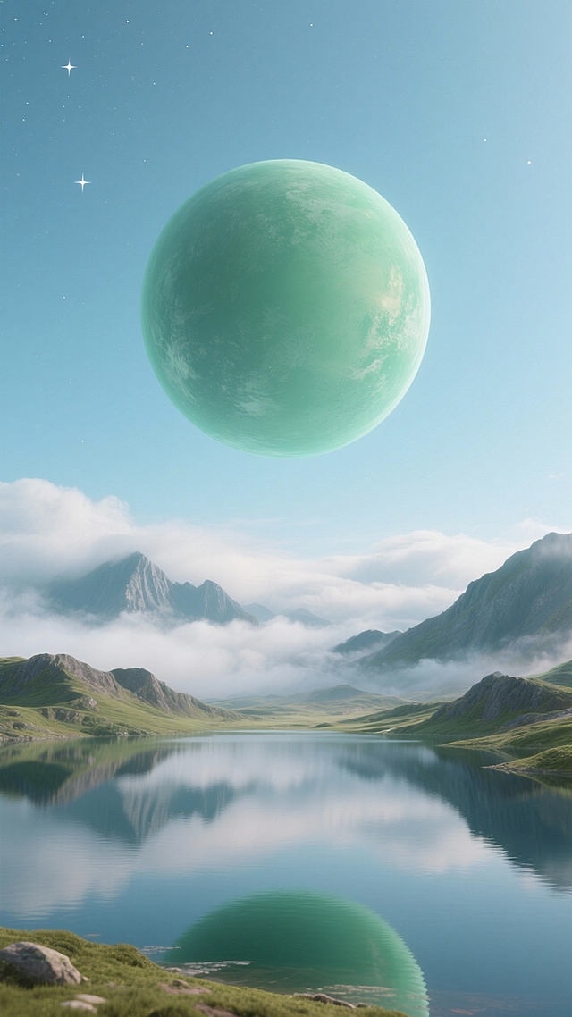 生成15张星球科幻高清图的生成。呈现不同色彩搭配、地貌特征的外星星球场景，包含巨型星球、山地水域、星空等元素。