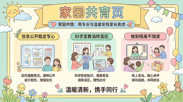 家园共育页，标题“家园共情：用专业与温度安抚家长焦虑”，内容：信息公开稳定军心、科学宣教消除盲区，做到隔离不隔爱，温暖清新幼儿园风格排版