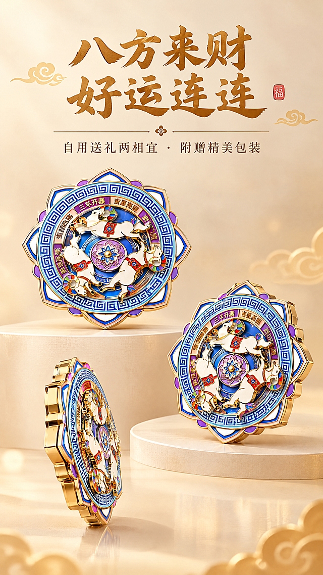 竖版产品多角度组合图，1080x1920构图。以参考图中的旋转冰箱贴为主体，在同一画面中组合展示三个角度：正面完整圆形展示、侧视角度呈现厚度与金属边缘、约四十五度斜角展示立体层次，三者错落排布，保持金边齿轮造型、蓝色底、白色骏马与中央花纹纹样一致。背景为浅米色到淡金渐变，柔和光影，产品下方投影自然。画面上方大字“八方来财 好运连连”，下方小字“自用送礼两相宜 · 附赠精美包装”，文字排版工整大气，整体喜庆而高级。